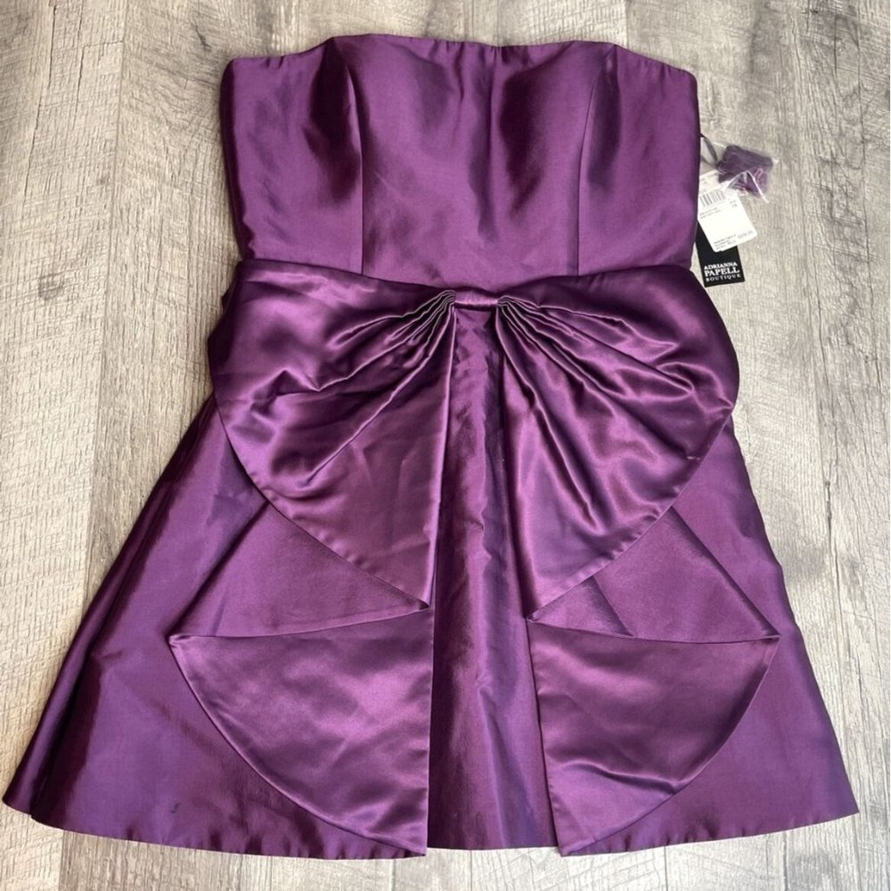 Adrianna Papell Cocktail Dress Womens 14 Purple Silk Sleeveless Bow Mini New